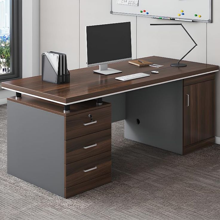 LITFAD Wood Office Computer Desk with Cabinet and Locking Drawer Cord Management Modern Executive Desk Simple Writing Desk Home Office Furniture Without Chairs Brown 63 L x 24 W x 30 H